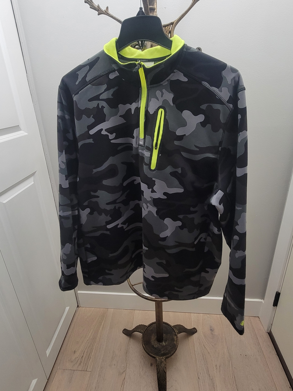 Russell Athletic Black & Gray Camo Quarter-Zip Jacket with Neon Yellow Accents